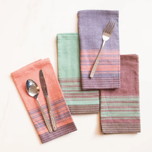 Brown with Teal Stripes Cotton Dinner Napkins Set of 4