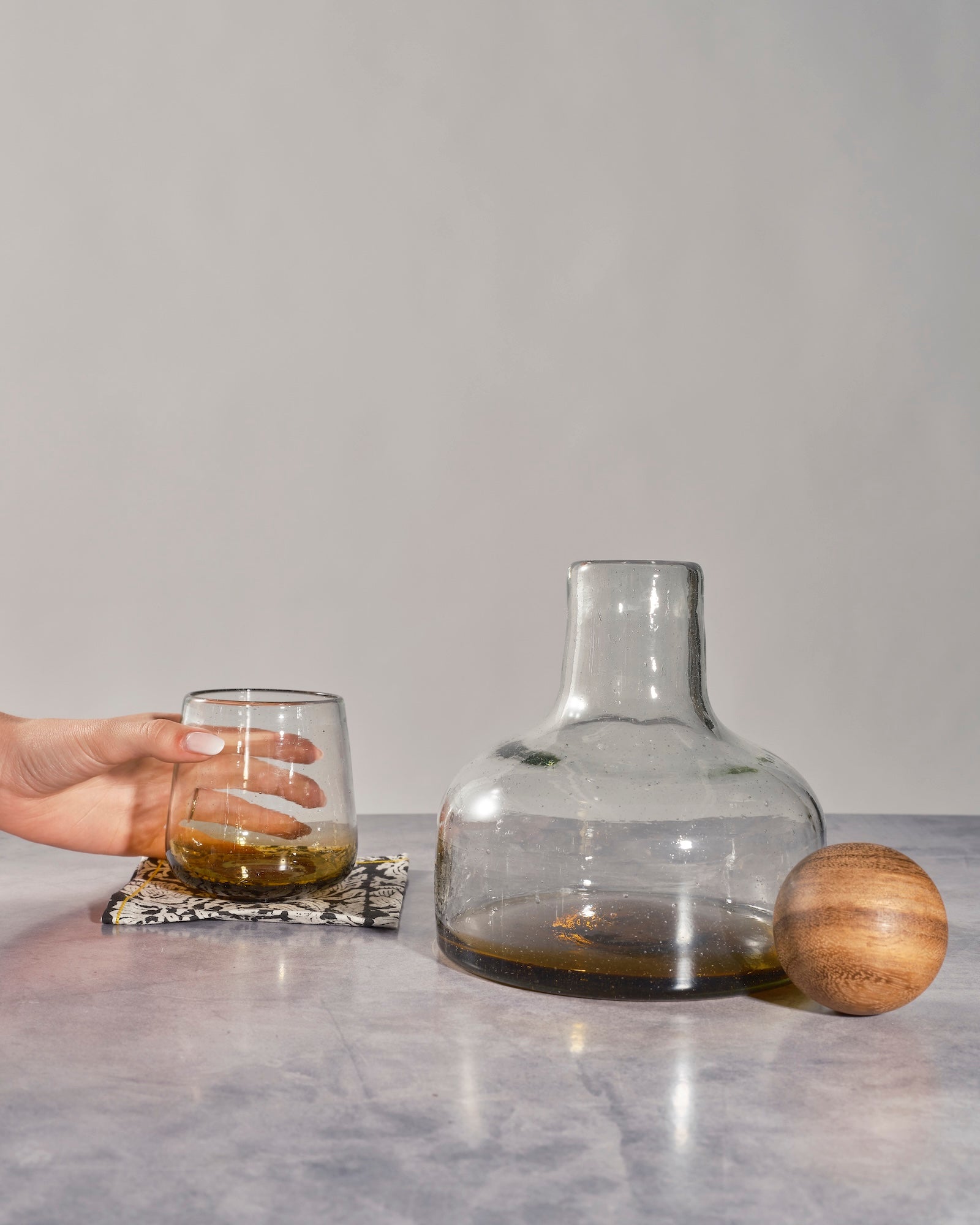 "Amber glass bottle with wood stopper, Orlando decanter for whiskey or wine"