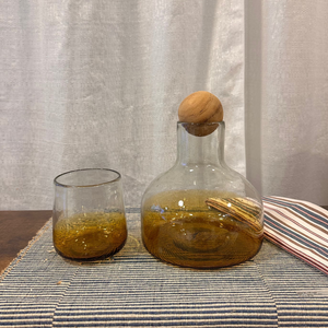 "Amber Orlando bottle with wooden stopper, modern glass barware"