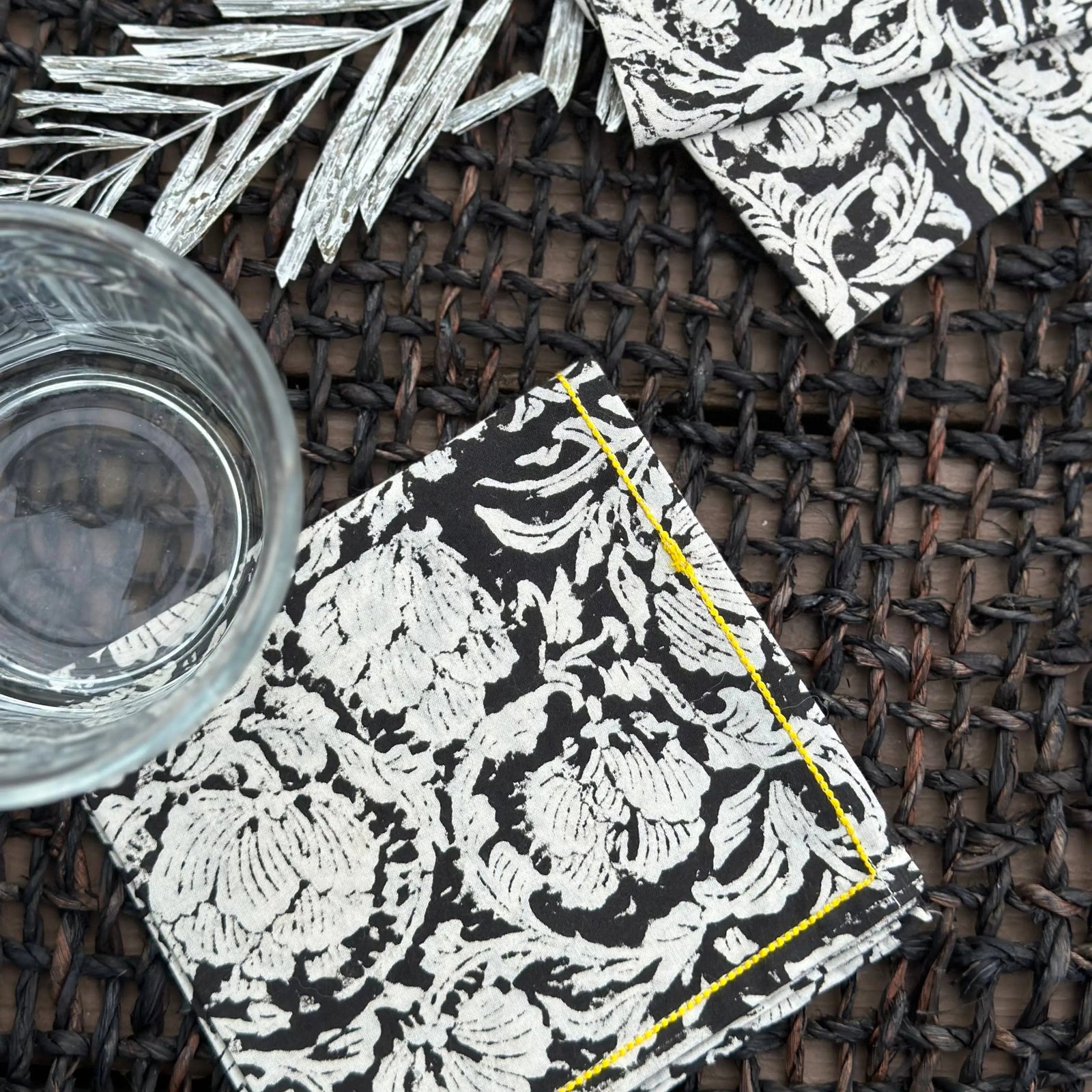 "Black cotton cocktail napkins with floral design, reusable cloth napkin set"