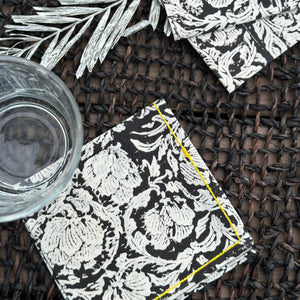 "Black cotton cocktail napkins with floral design, reusable cloth napkin set"