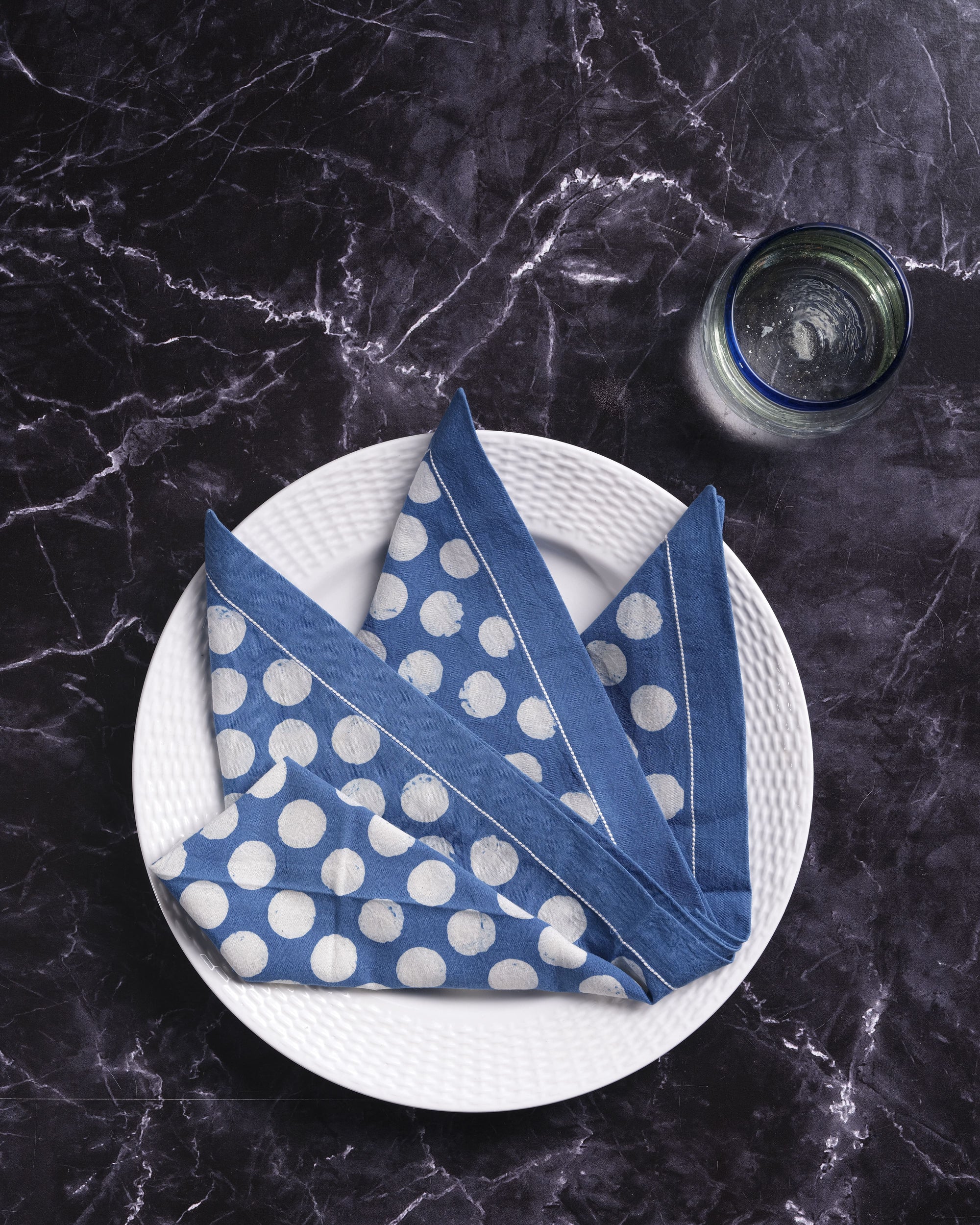 Elegant blue polka dot dinner napkins, washable cotton table linens