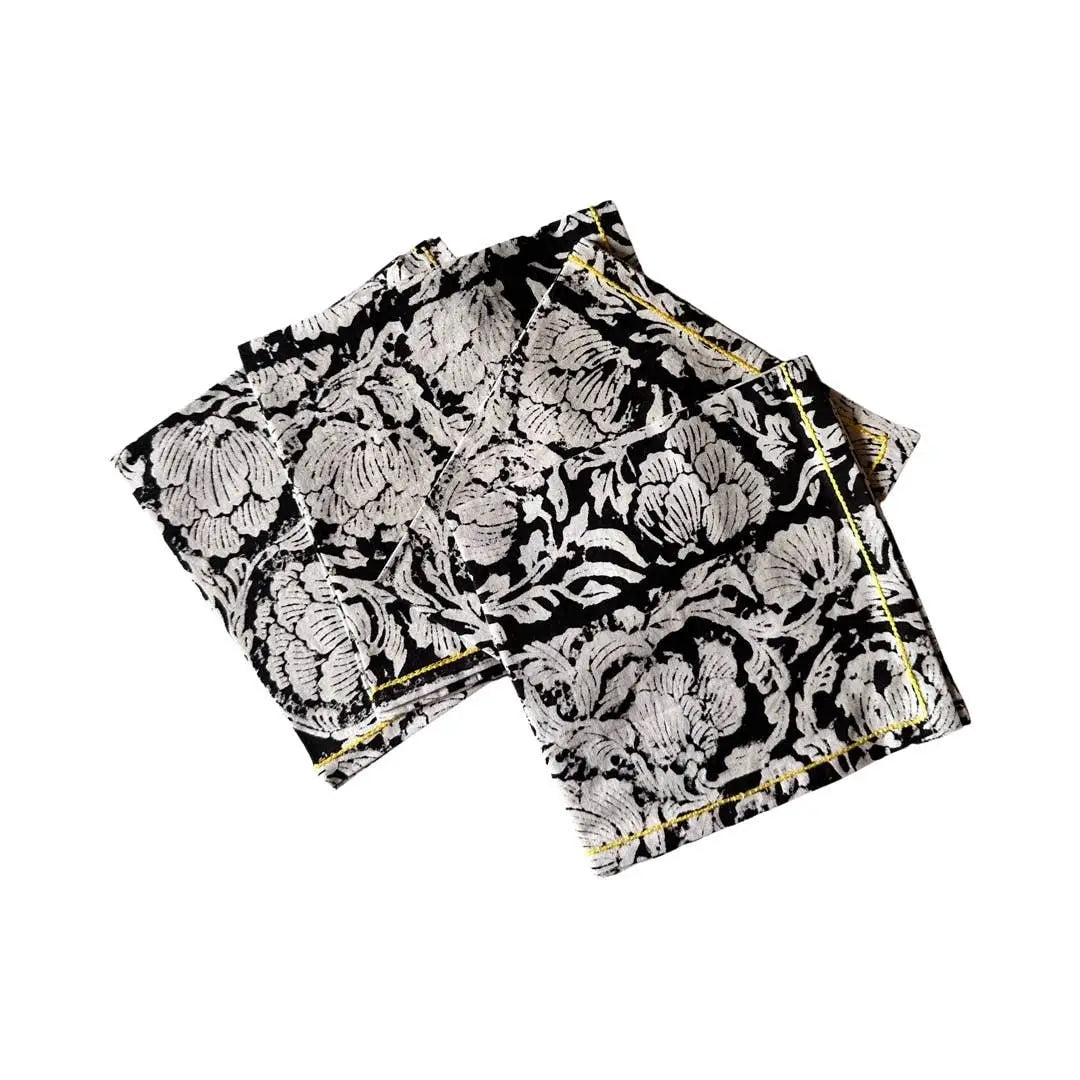 "Reusable black flower cocktail napkins, eco-friendly cloth table linens set"