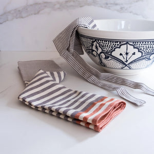 Handwoven gray with red striped kitchen towels, washable and sustainable