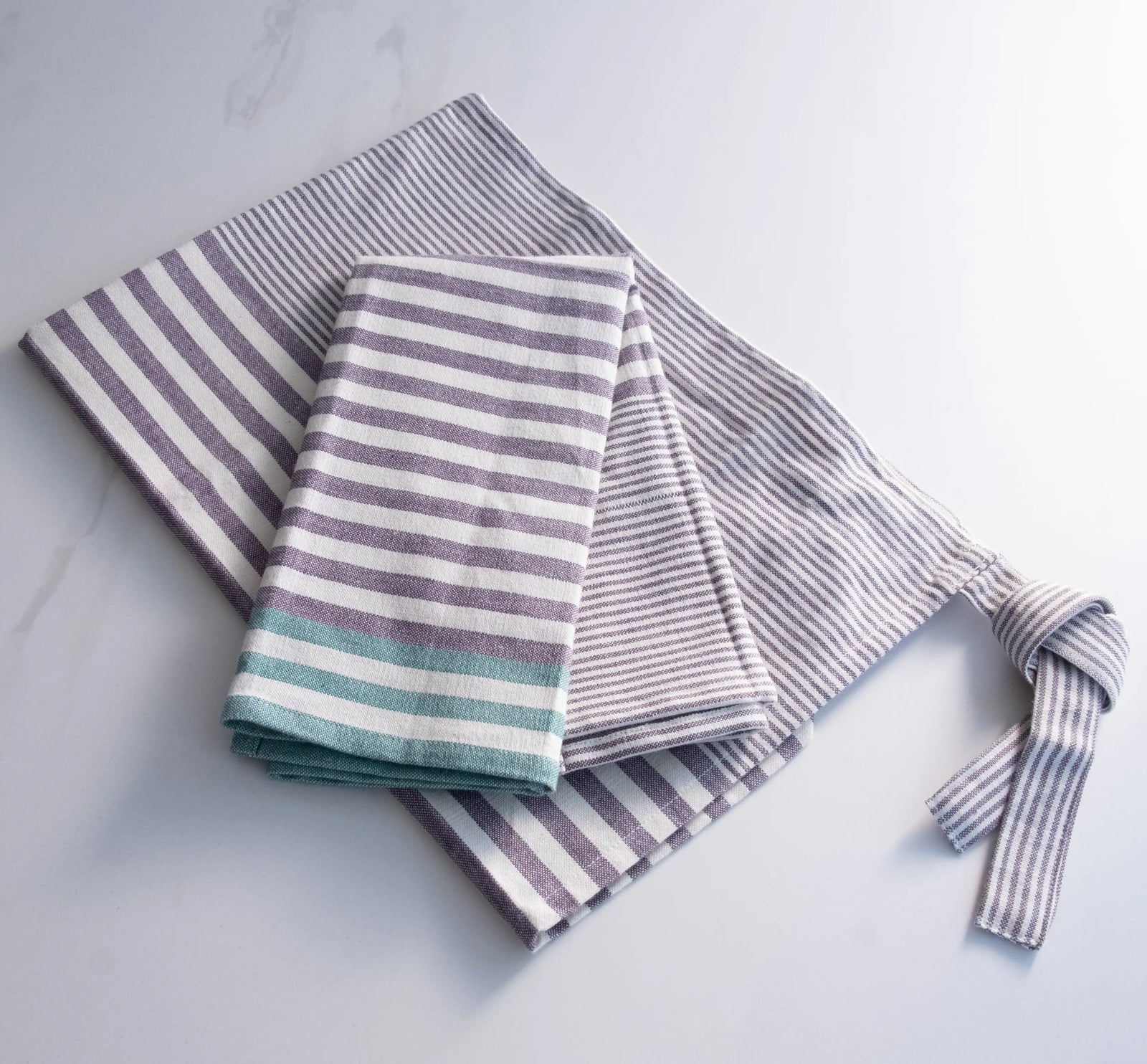 Gray kitchen towels with green stripes, reusable cotton dish and hand towels