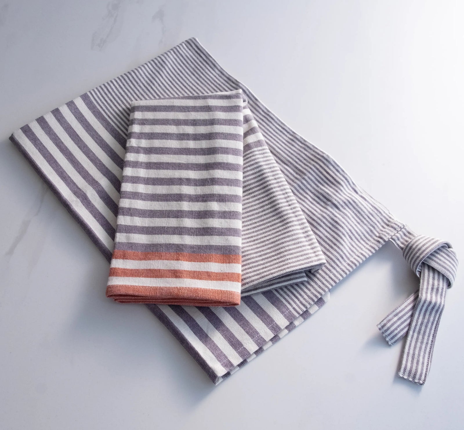 Gray cotton kitchen towels with red stripes, reusable and absorbent dish towels