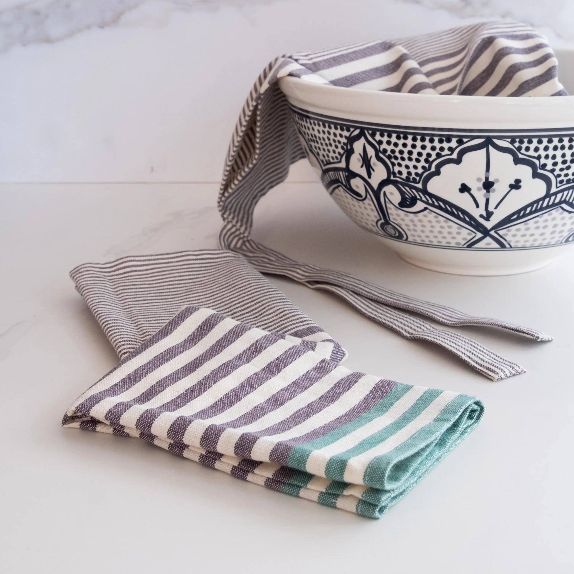 Gray with green striped kitchen towels, sustainable cotton dishcloth set