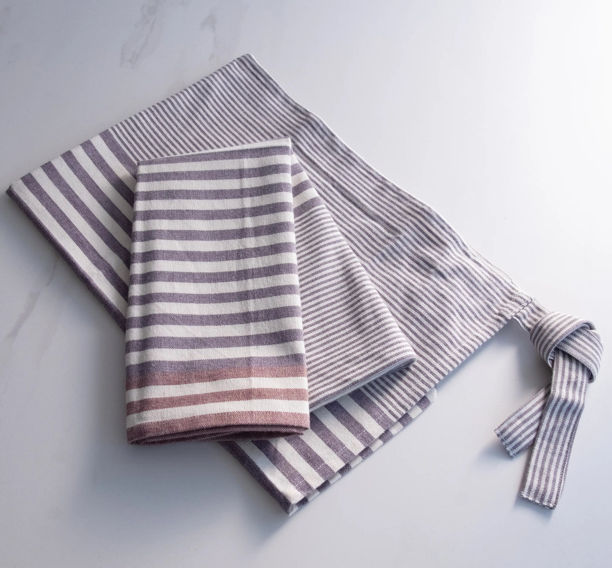 Gray and brown striped cotton kitchen towels, sustainable dish and hand towels