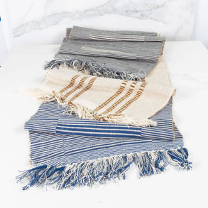 "Soft beige neutral table runner, modern minimalist dining table styling"
