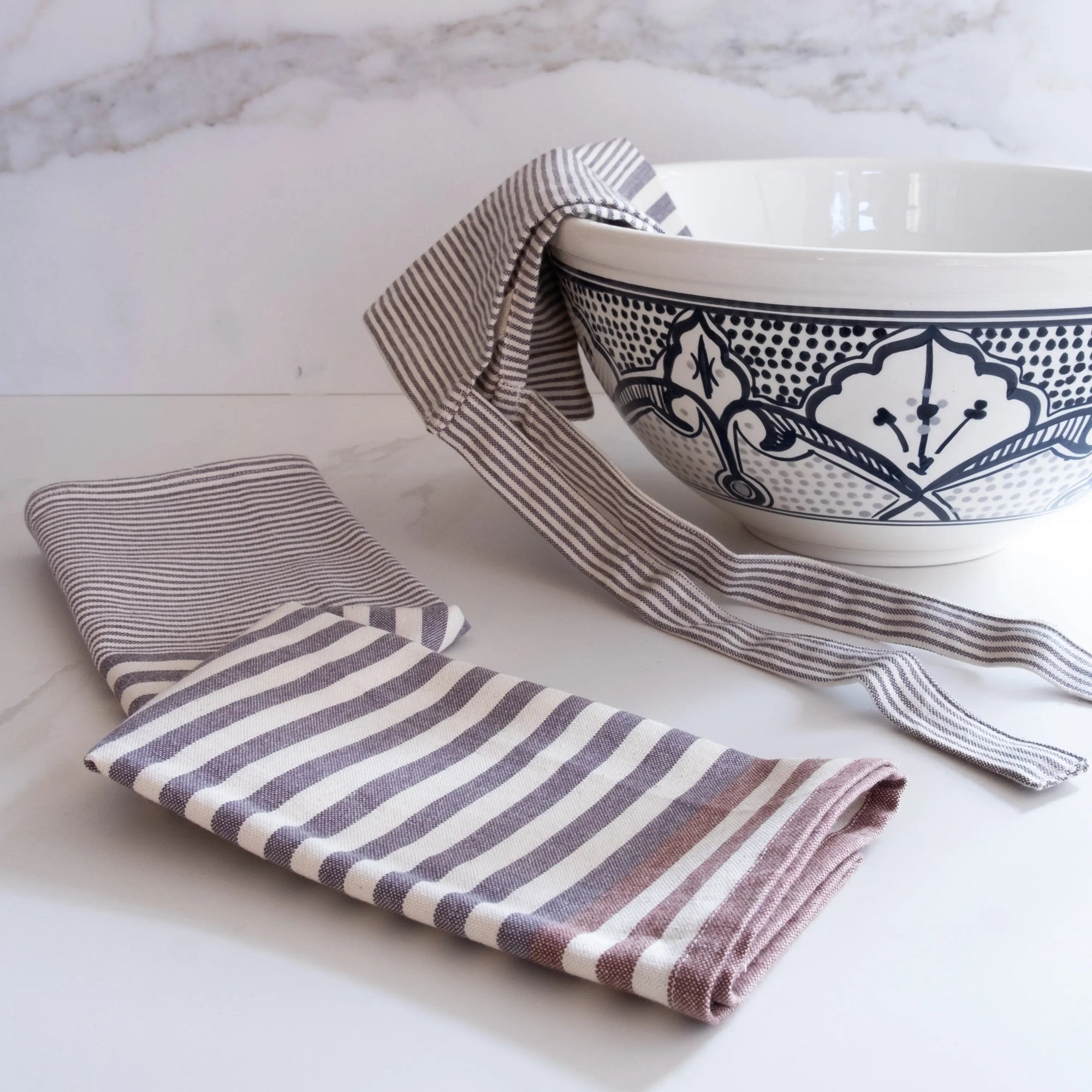 Set of gray cotton kitchen towels with brown stripes, stylish eco-friendly kitchen décor