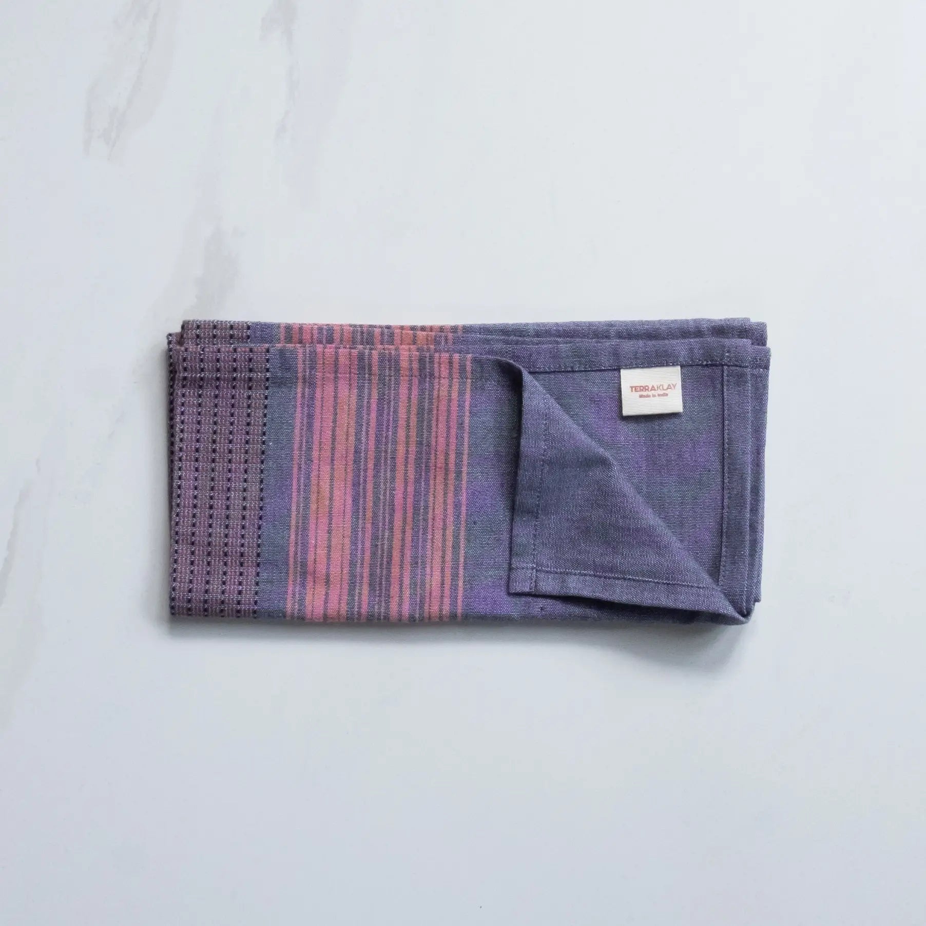 "Striped blue and pink cotton dinner napkin, elegant dining table decor"