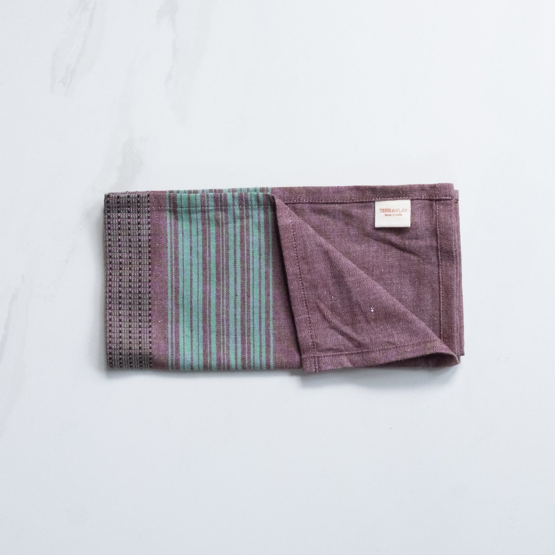 "Striped brown and teal cotton dinner napkin, elegant dining decor"