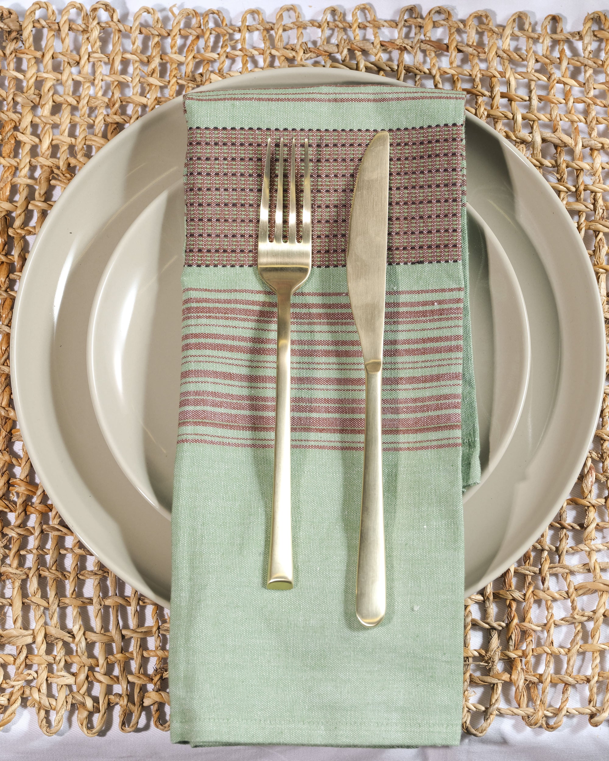 "Striped teal and brown cloth napkins, eco-friendly dining table decor"