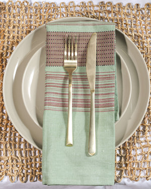 "Striped teal and brown cloth napkins, eco-friendly dining table decor"