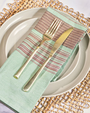 "Teal with brown stripes cotton napkins, elegant dinner table setting"