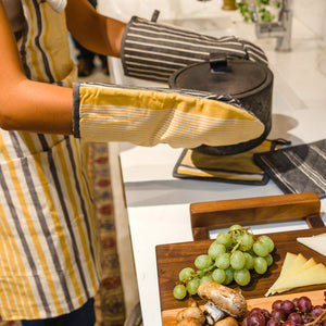 terraklay | organic cotton apron in yellow and grey stripes with big pockets